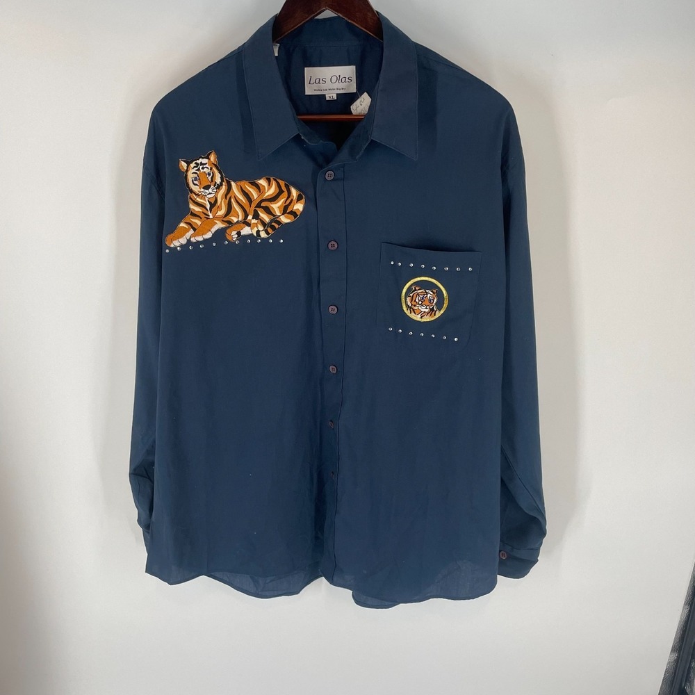 Vintage Las Olas Embroidered Tiger Patch Blue Button Up Shirt Mens XL Rhinestone
